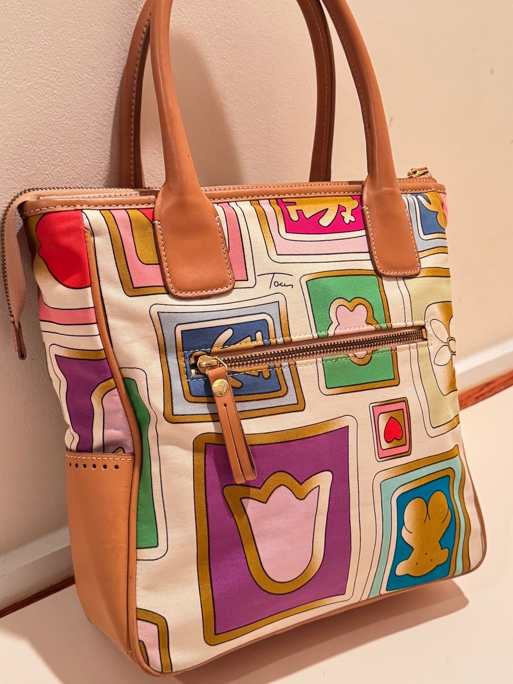 TOUS Vintage Canvas Leather Bear Motif Tote Bag